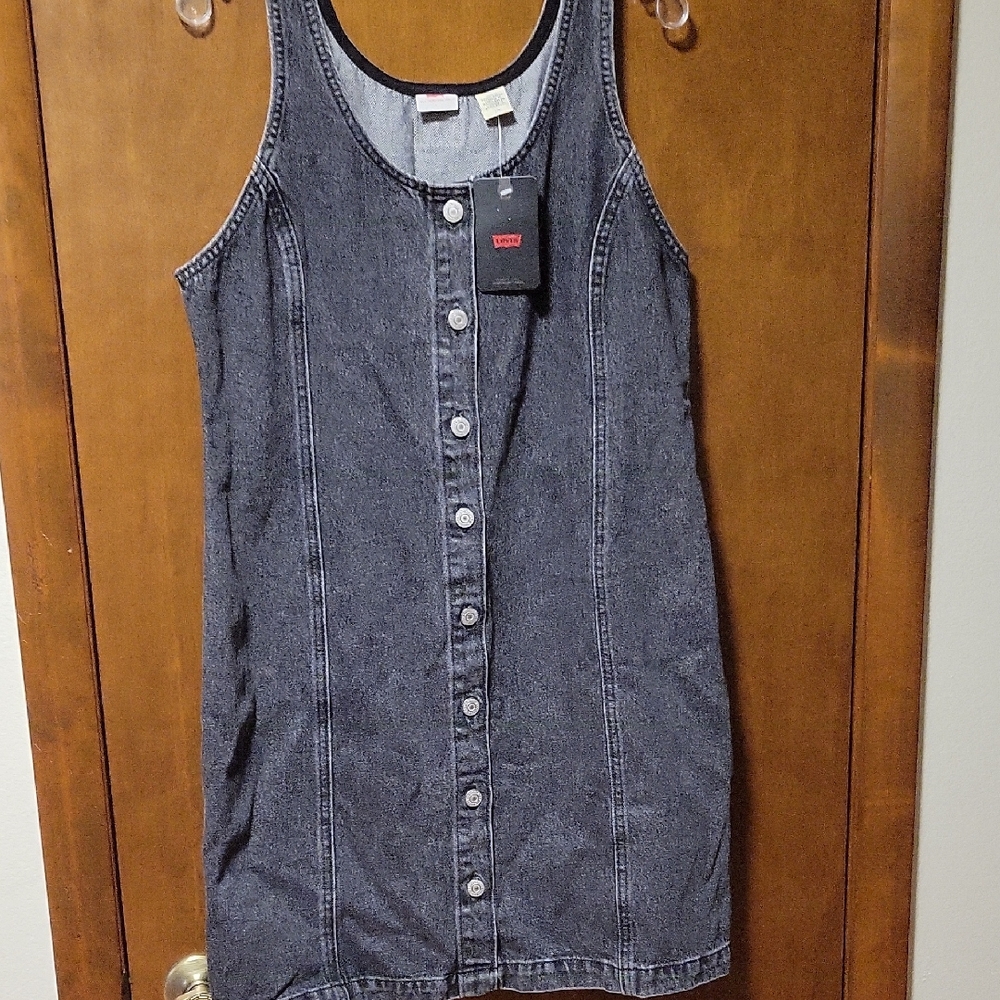 Levis Black Denim Button Down Sleeveless Mini Dress L NWT